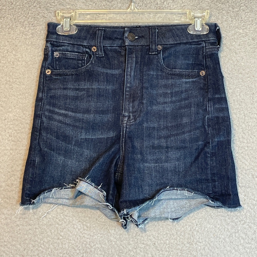 American Eagle Curvy Super Hi-Rise Shortie Denim Shorts Frayed Hem Size 2
